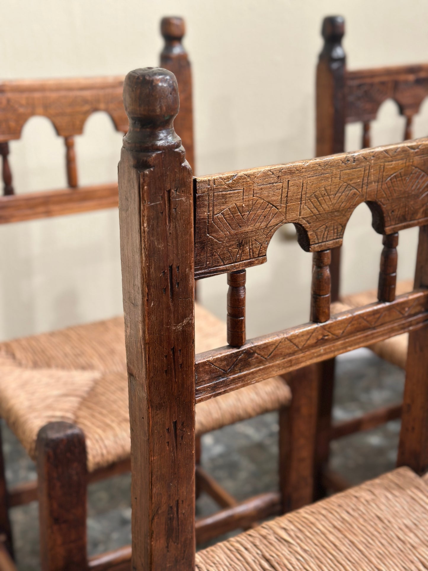 Set of 8 Brutalist Hand Carved Dining Chairs, Spain