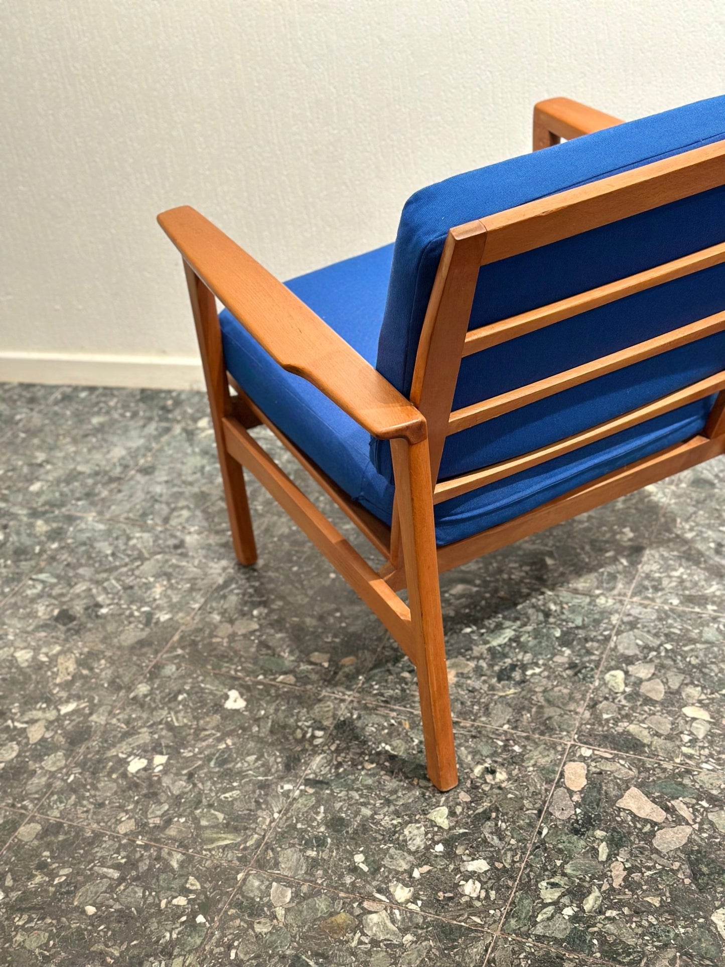 Pair of Mid - Century Lounge Chairs – Teak & Cobalt Blue - Lattico