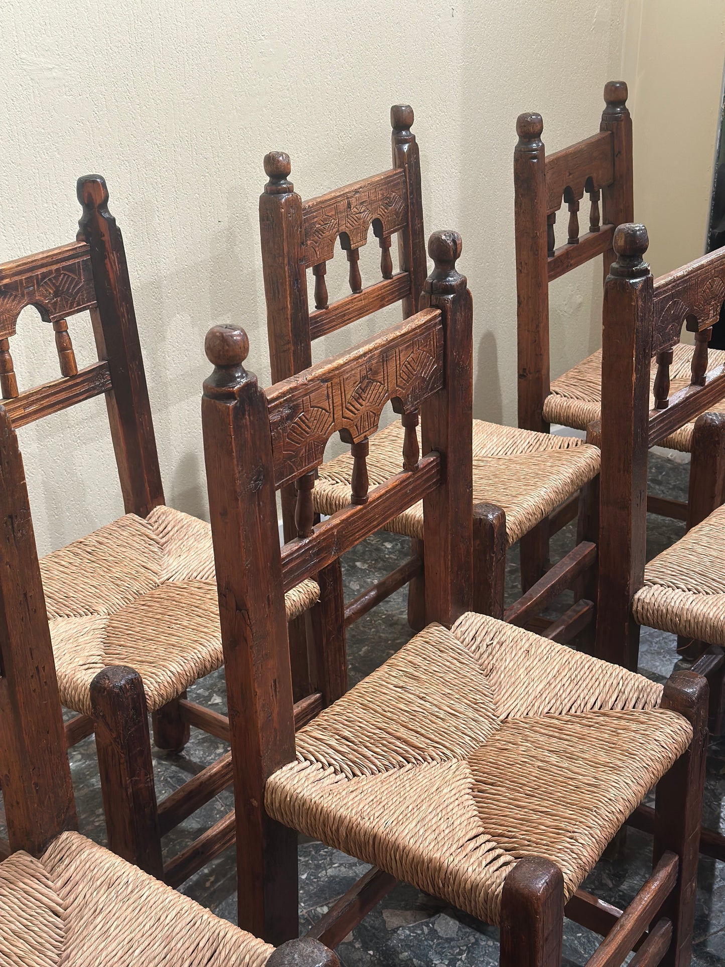Set of 8 Brutalist Hand Carved Dining Chairs, Spain