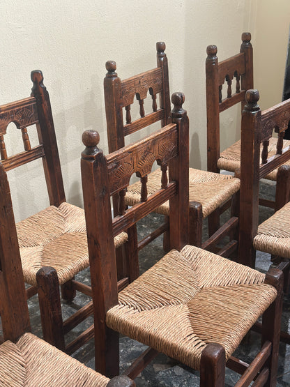 Set of 8 Brutalist Hand Carved Dining Chairs, Spain