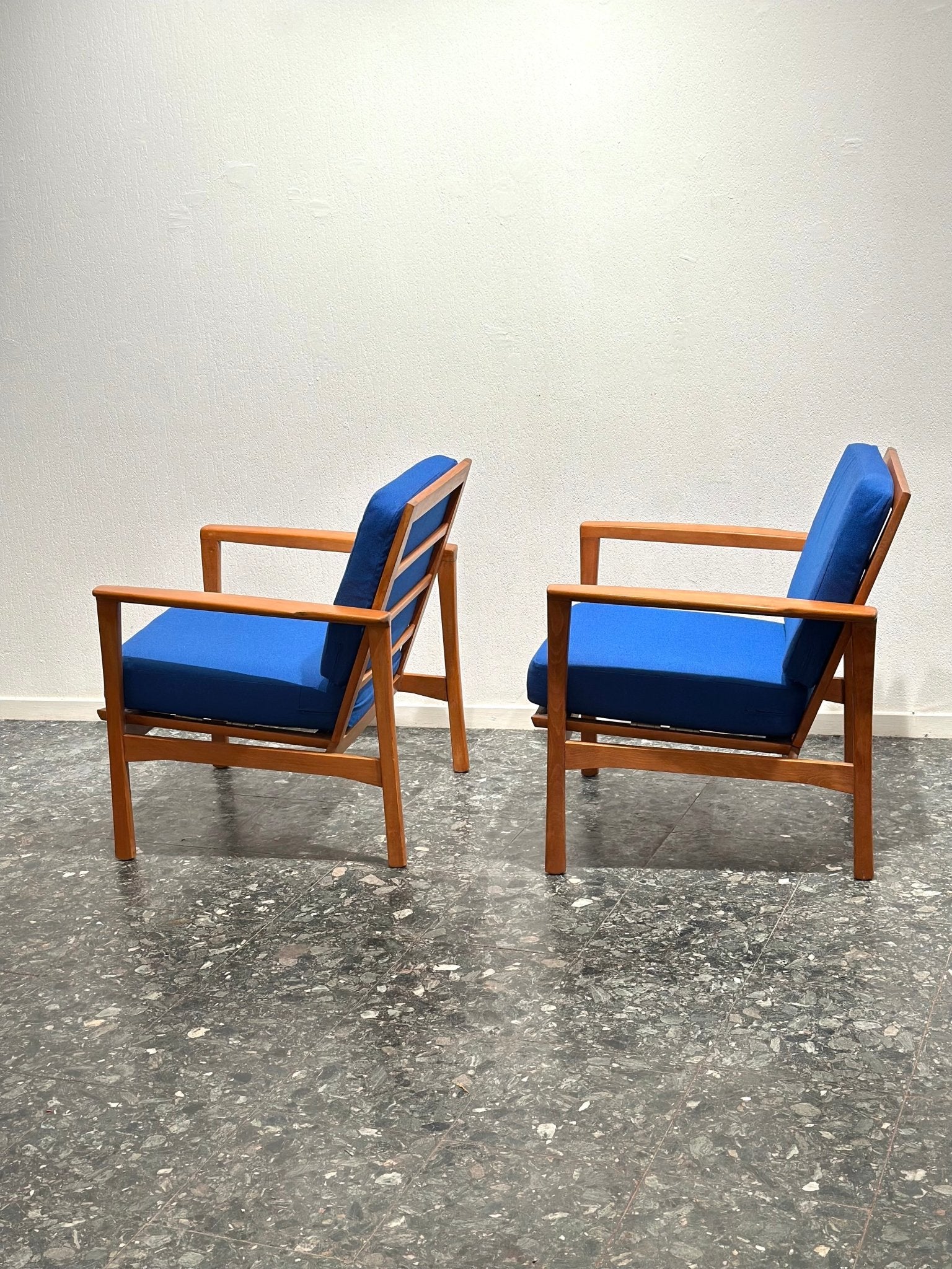 Pair of Mid - Century Lounge Chairs – Teak & Cobalt Blue - Lattico