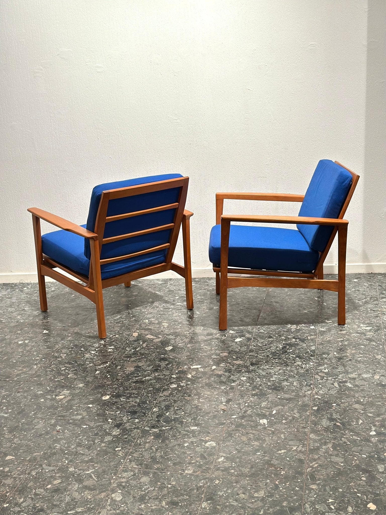 Pair of Mid - Century Lounge Chairs – Teak & Cobalt Blue - Lattico