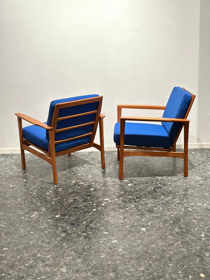 Pair of Mid - Century Lounge Chairs – Teak & Cobalt Blue - Lattico