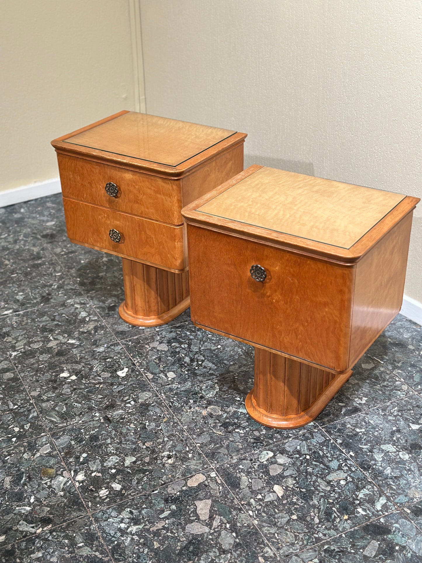 Set Scandinavian Birch Midcentury Art Deco Nightstands