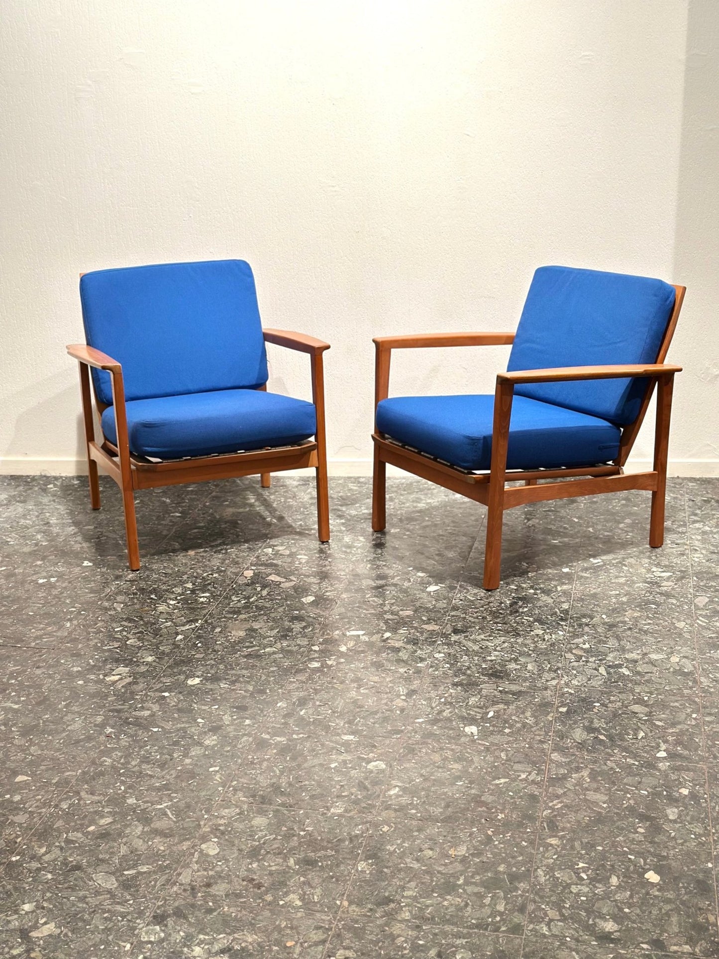 Pair of Mid - Century Lounge Chairs – Teak & Cobalt Blue - Lattico
