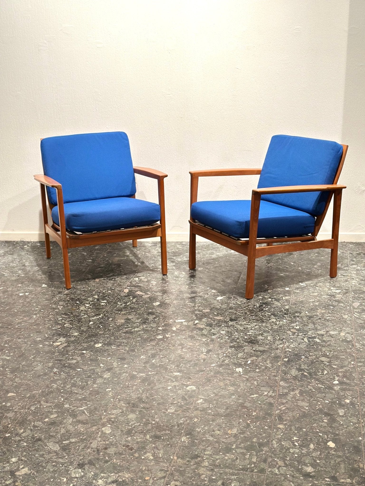 Pair of Mid - Century Lounge Chairs – Teak & Cobalt Blue - Lattico