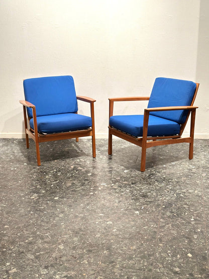 Pair of Mid - Century Lounge Chairs – Teak & Cobalt Blue - Lattico