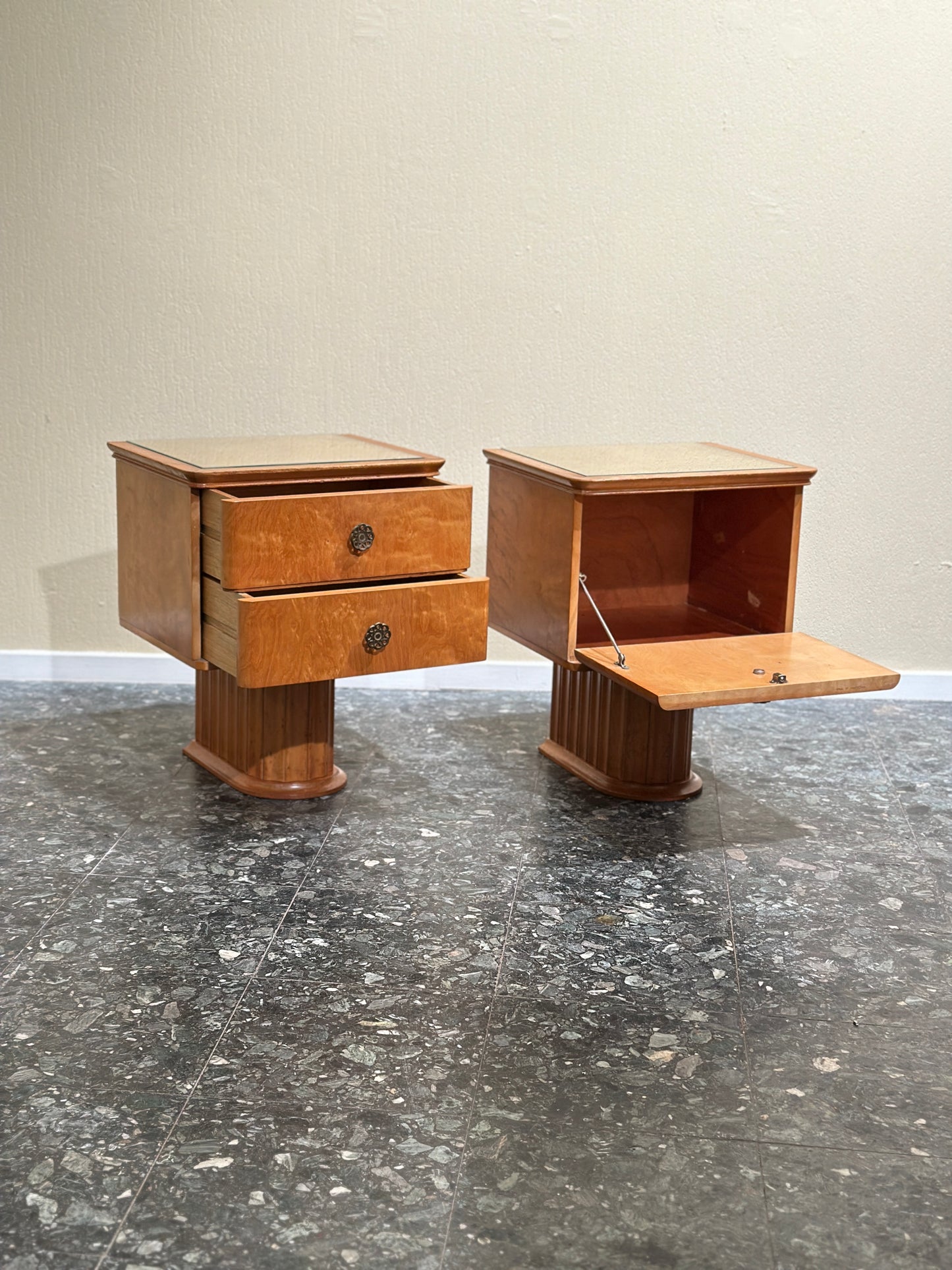 Set Scandinavian Birch Midcentury Art Deco Nightstands