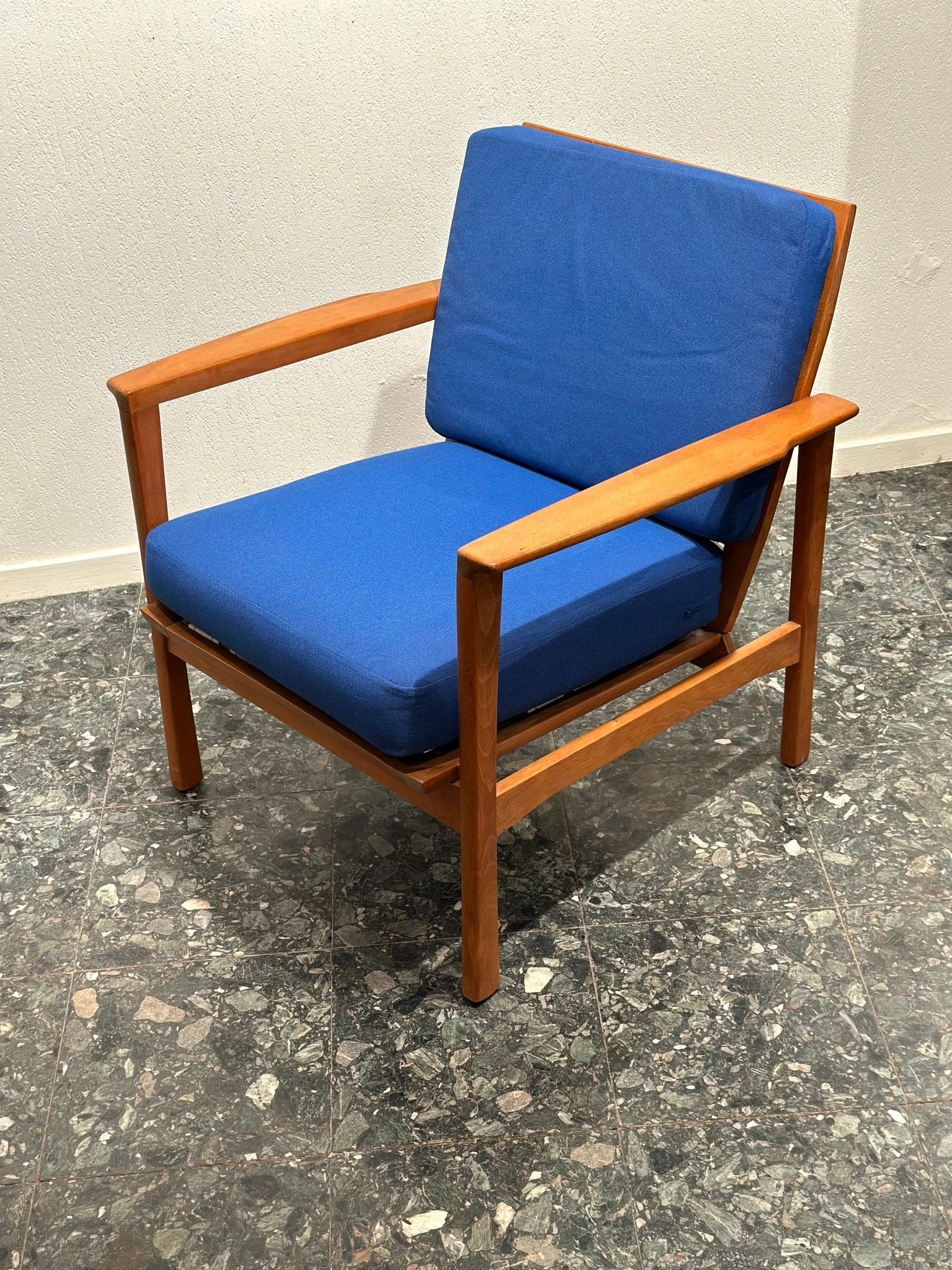 Pair of Mid - Century Lounge Chairs – Teak & Cobalt Blue - Lattico