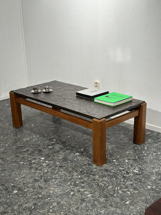 Brutalist Slate and Solid Wood Coffeetable - Lattico