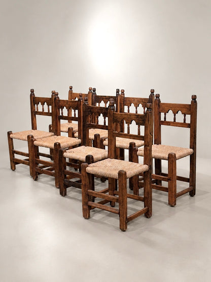 Set of 8 Brutalist Hand Carved Dining Chairs, Spain