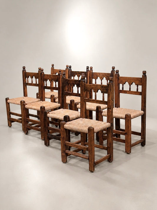 Set of 8 Brutalist Hand Carved Dining Chairs, Spain
