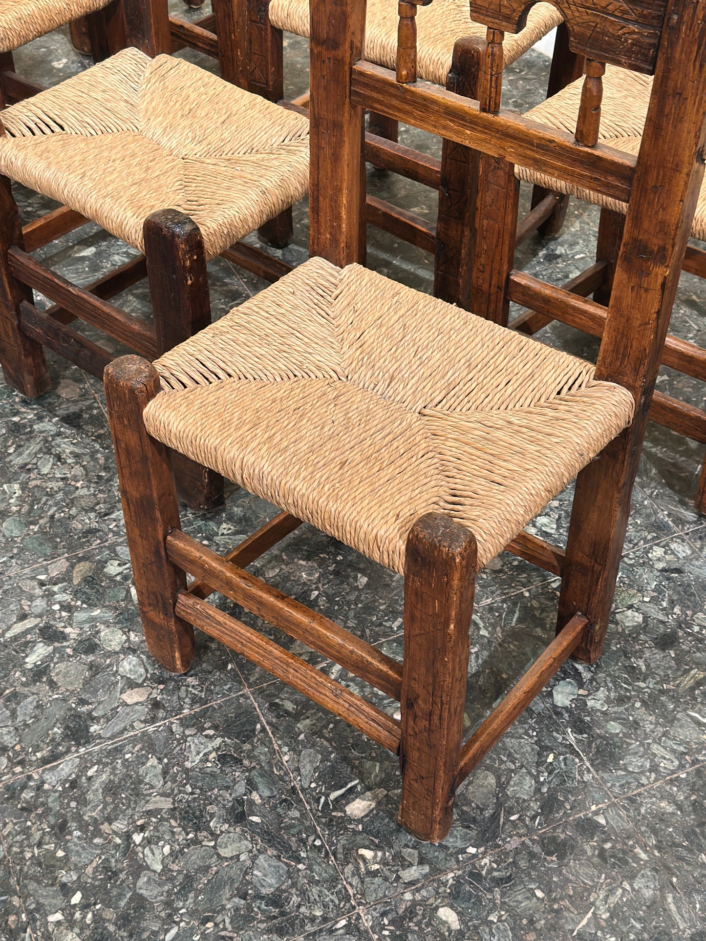 Set of 8 Brutalist Hand Carved Dining Chairs, Spain