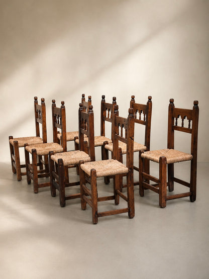 Set of 8 Brutalist Hand Carved Dining Chairs, Spain