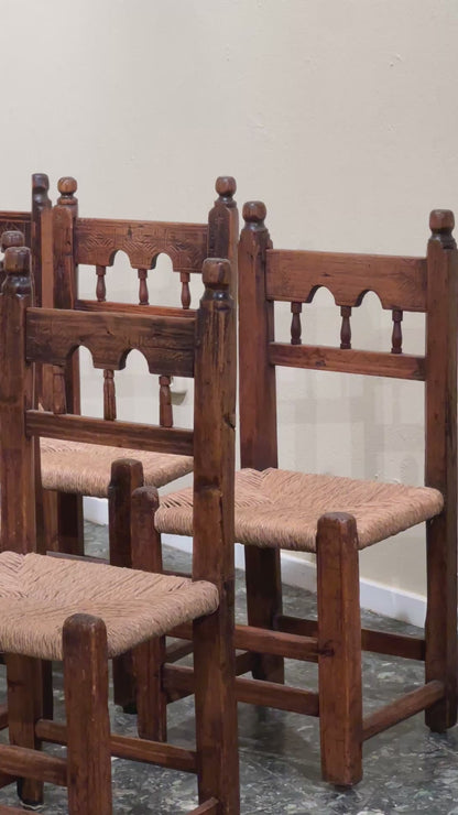 Set of 8 Brutalist Hand Carved Dining Chairs, Spain